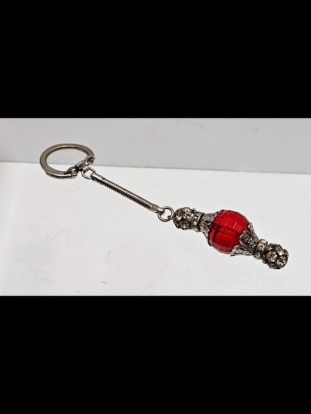Vintage Red Crystal Bead Keychain with Silver Accents - Women's Accessory